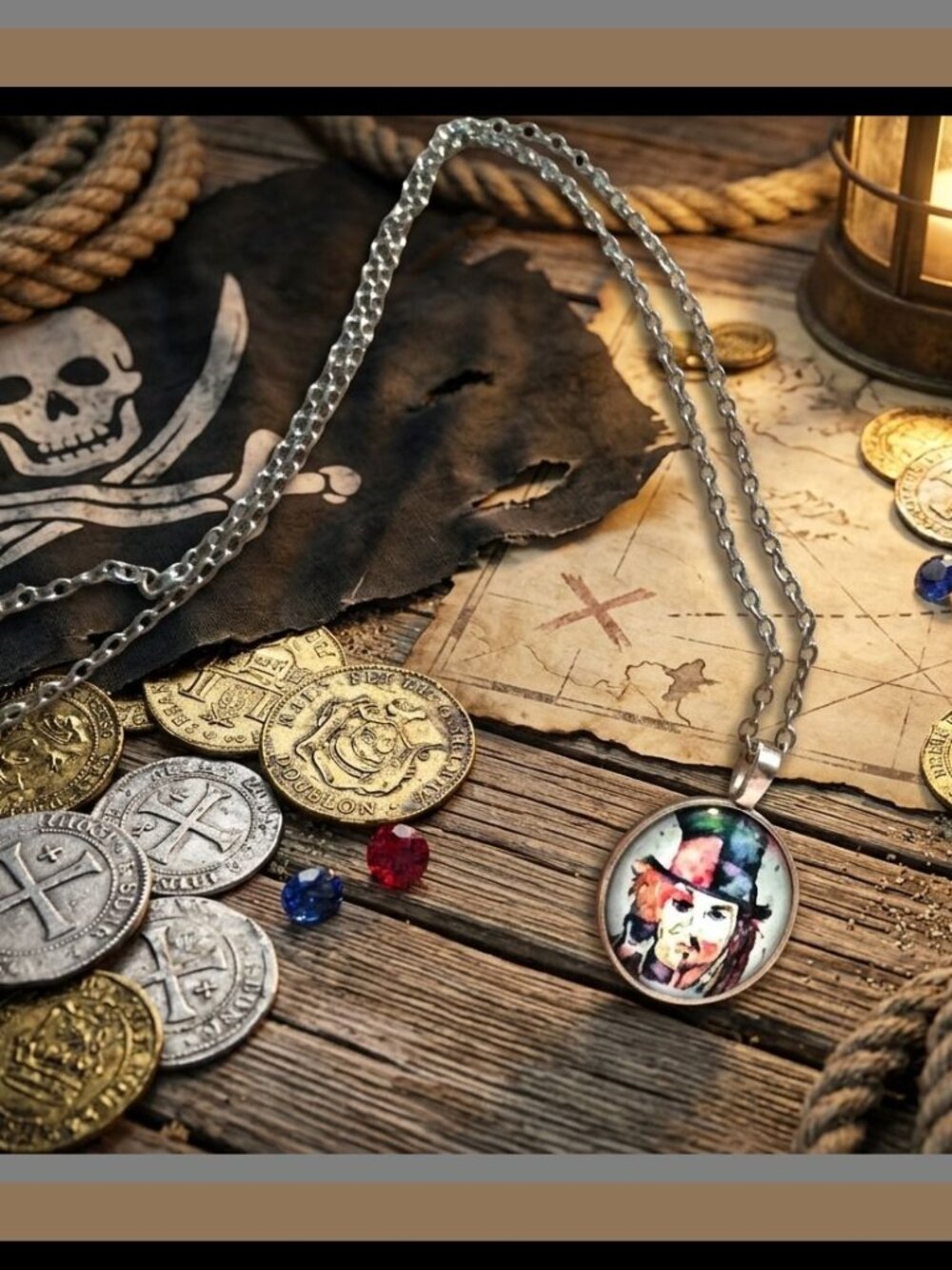 Silver Tone Johnny Depp Theme Necklace